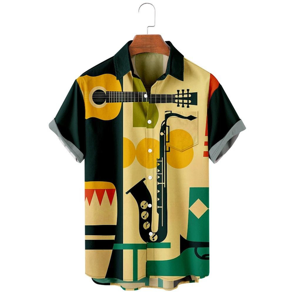 New Guitar Elements 3D Digital Printing Trend Loose Short Sleeve Shirt Men's Top Summer