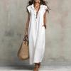 Women's Ruffle V Neck Cap Sleeve Solid Linen Blend Maxi Dress With Side Pockets Boho Floor Length Casual Gown