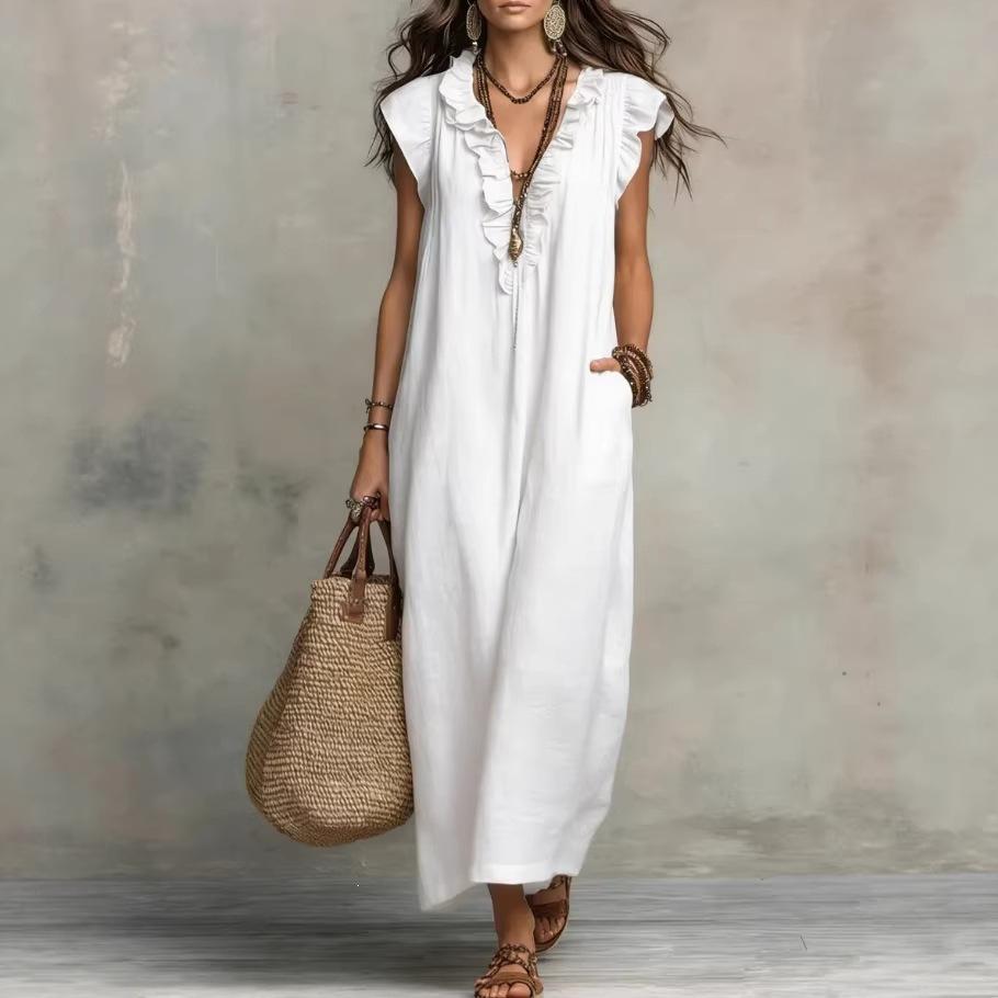 Women's Ruffle V Neck Cap Sleeve Solid Linen Blend Maxi Dress With Side Pockets Boho Floor Length Casual Gown
