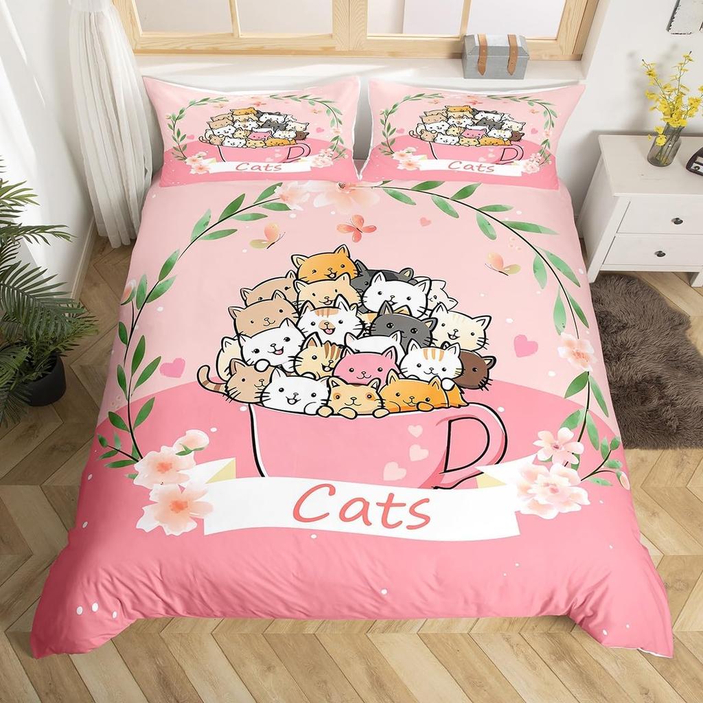 Kawaii Kot Poszewka na kołdrę Pojedyncza Królowa dla Chłopców Dziewcząt Uroczy Kotek Zestaw pościeli Mikrofibra Niebieska Poszewka na kołdrę z 2 poszewkami na poduszkę