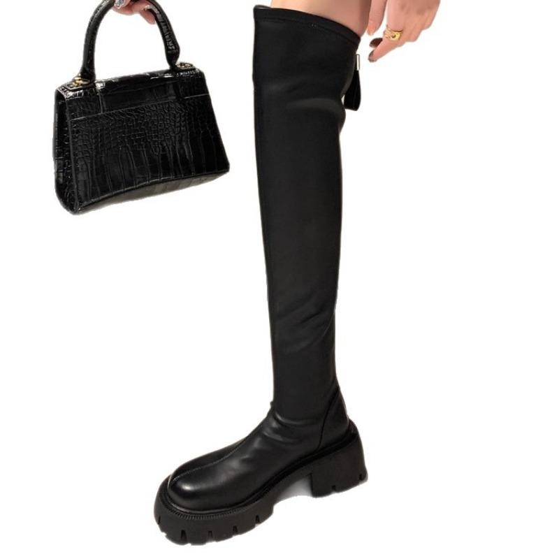 Over-knee Boots Women's Elastic Black Tall Boots Thick-soled New Winter Velvet Boots Look Thin