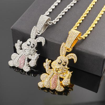 Hip-hop Style Personality Diamond-encrusted Dripping Oil Cartoon Rabbit Pendant Cuban Chain Necklace Hipster Wear Fashion Necklace Accessories