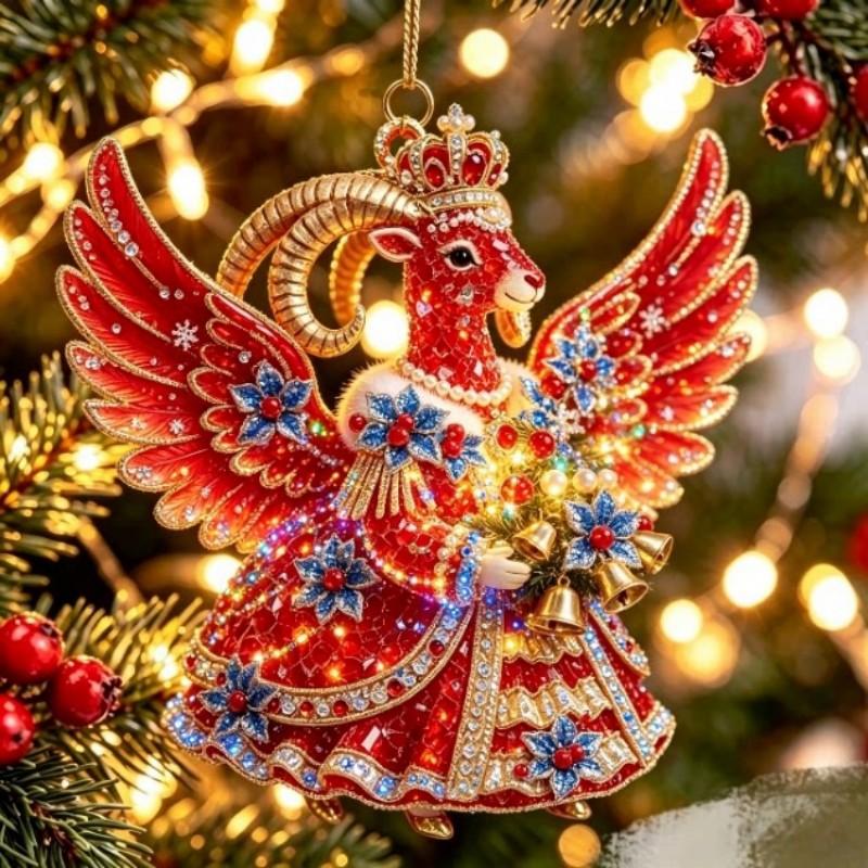2D Flat Acrylic Hanging Ornament Red Gold Winged Goat Acrylic Pendant Christmas Tree Decoration Lunar New Year Holiday Gift