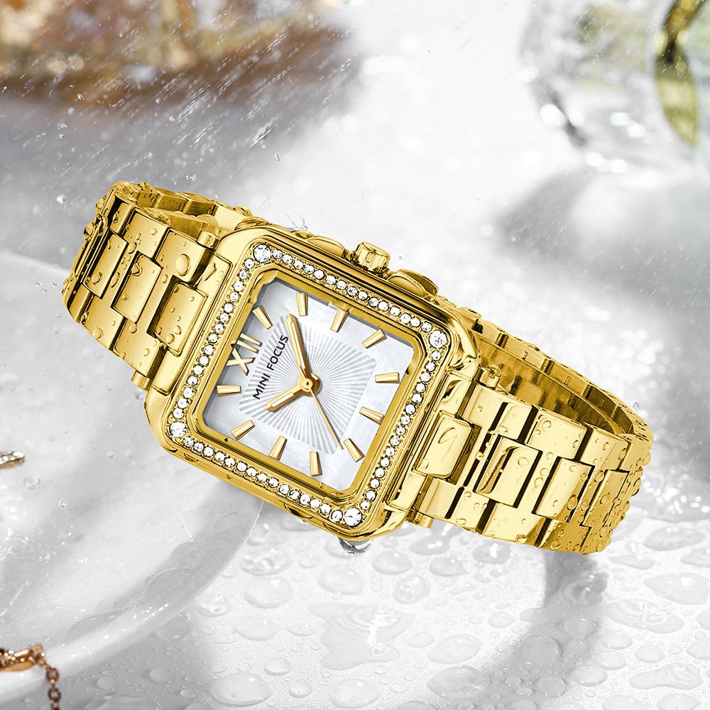 MINIFOCUS Women's Light Luxury Watch with Square Case Mother-of-Pearl Dial Stainless Steel Strap Luminous Hands Relogios