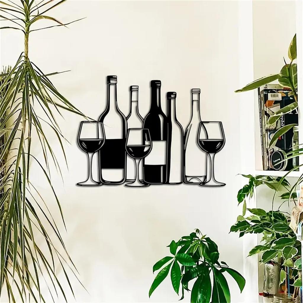 Metal Wine Glass Wall Art Hanging Decoration for Restaurant Bar Creative Wall Mounted Wine Bottle and Glass Design Metal Sculpture