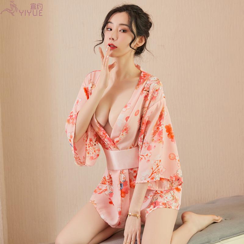 New Japanese-style Printed Kimono Sexy and Hot Set, Seductive Cardigan Chiffon Nightgown 8108