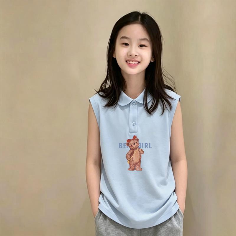 Korean Style Girls' Cotton Sleeveless Polo Vest, Thin Summer Design for Ages 6-12