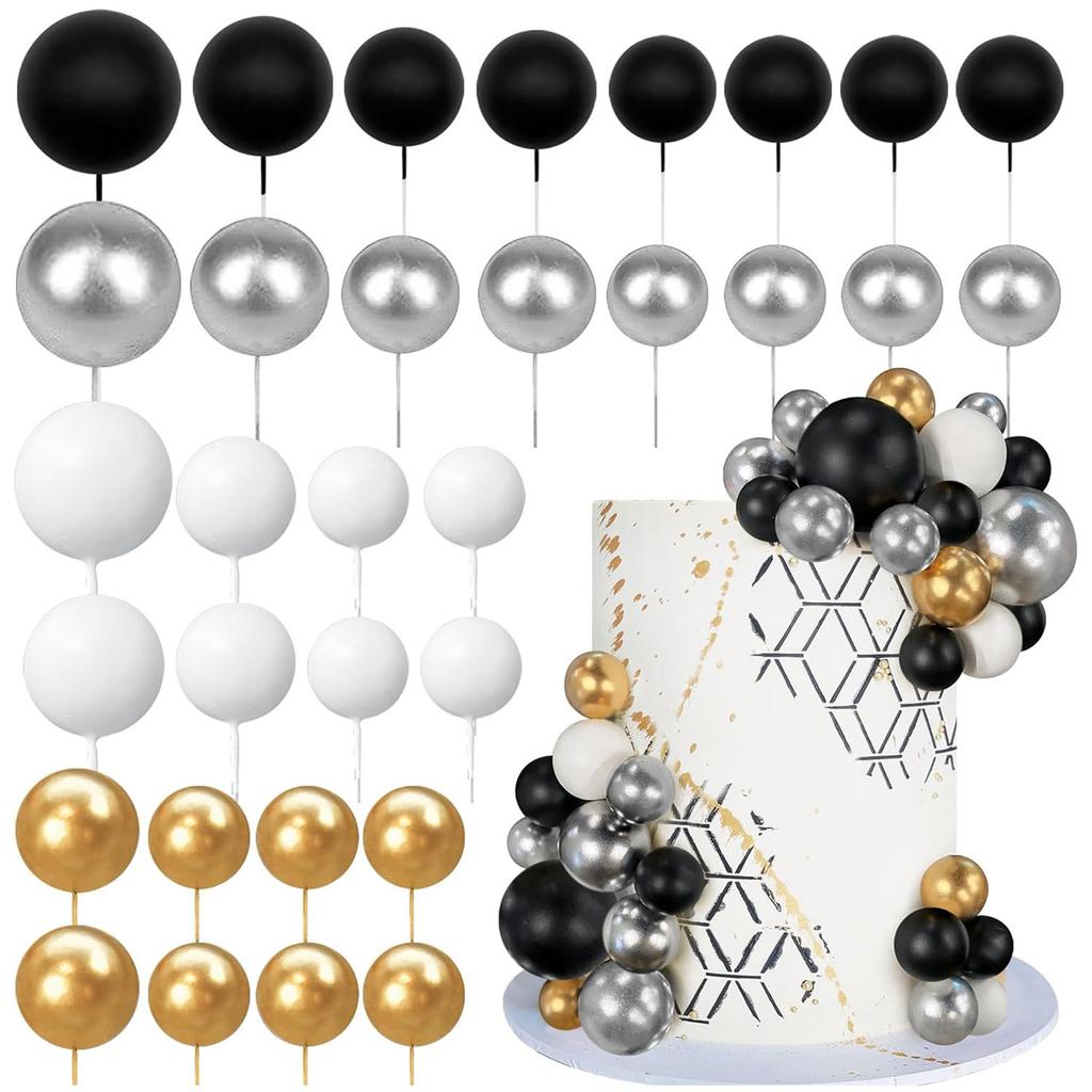 32PCS Brown Gold Ball Cake Picks Ball Shaped Cake Topper Pearl Balls Cake Insert Topper for Birthday Party Decoration Supplies