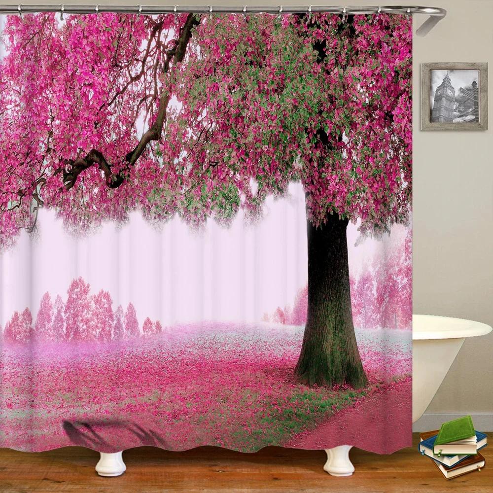 Waterproof Fabric 3D Shower Curtain Bathroom Curtain Pink Tree Landscape Polyester Bath Curtain Decorate With Hooks Cortina