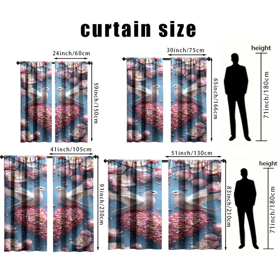 2PCS Blue Base Pink Flower White Dove Heart Curtains   Spring Blossoming Romance   Bedroom and Living Room   Pull up Pocket Style