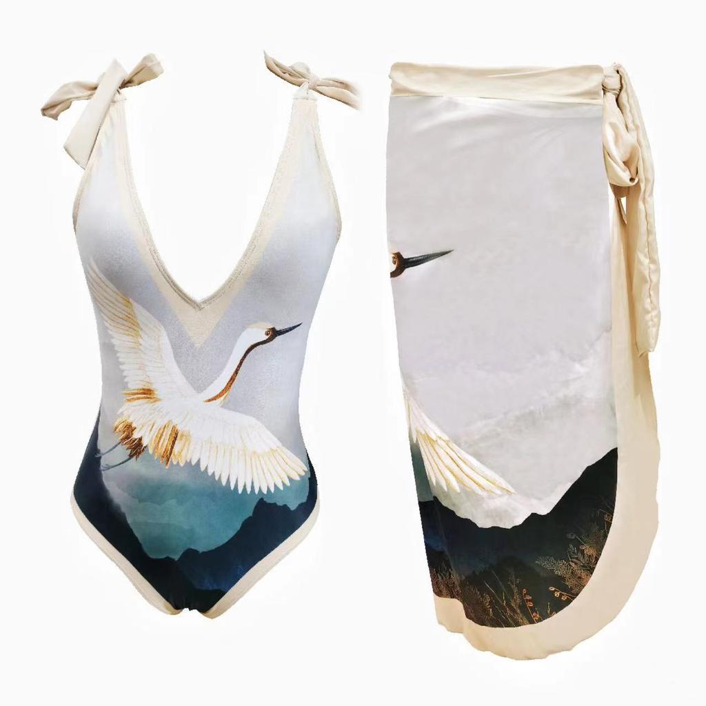 TS JYL-BK013 Retro Print Swimsuit With Chiffon Cover, Elegant Two-Piece Beach Swimwear Set