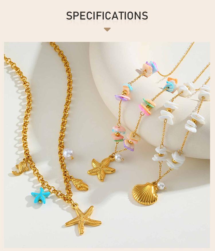 Summer Bohe Starfish Shell Conch Charms Pendant Neccklace for Women, 18k PVD Gold Plated Stainless Steel Beach Holiday Gift