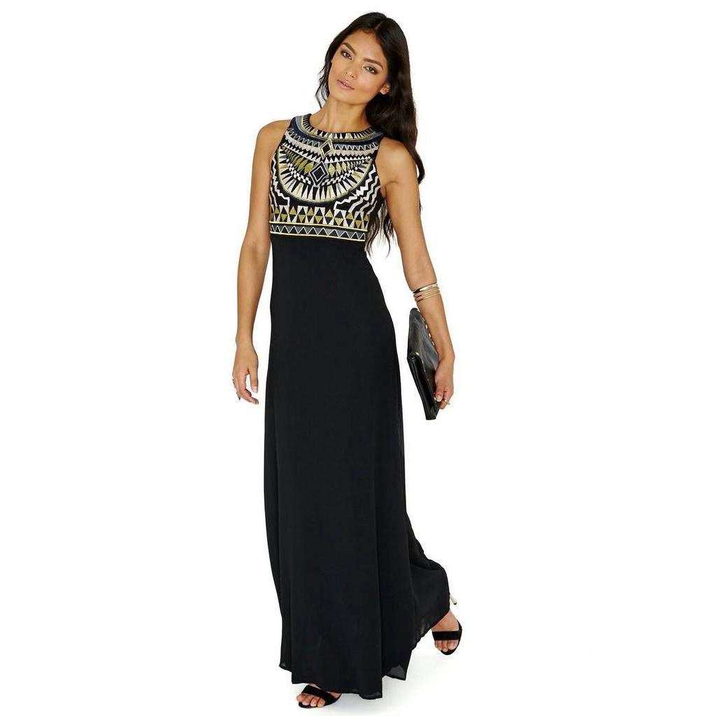 Elegant Women Round Neck Sleeveless Geometric Print Chiffon Dress Long Floor Length Stylish Casual Attire