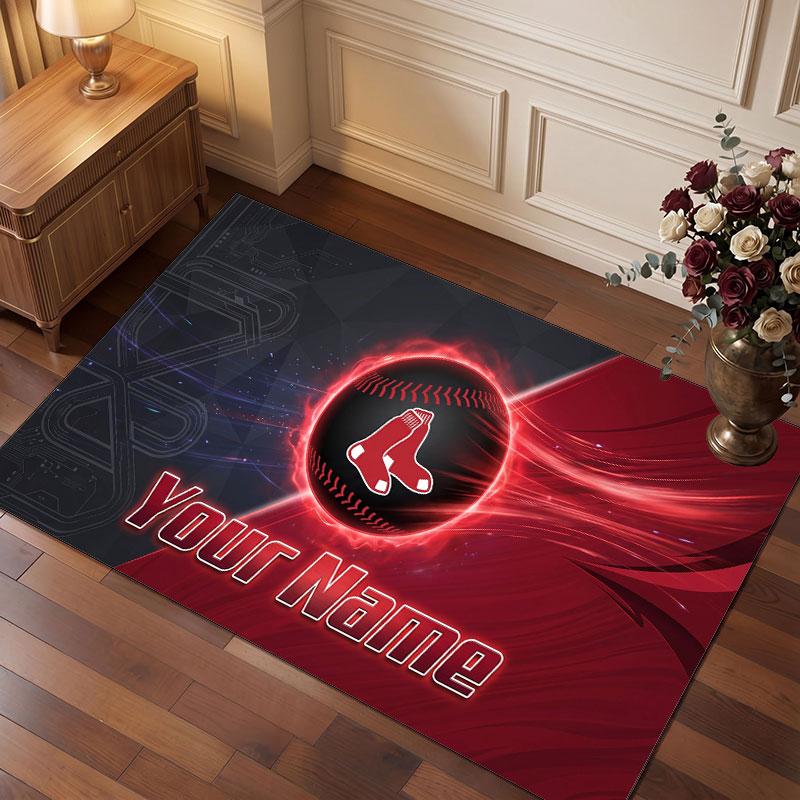 Boston Red Sox Personalized Crystal Velvet Carpet, Customized Name Text Soft Anti‑Slip Rug for Living Room Bedroom
