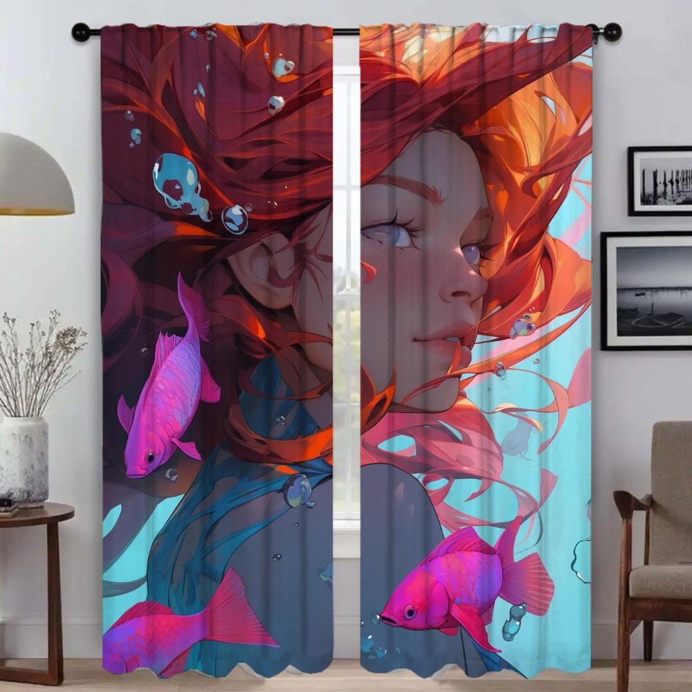 Girl Mermaid Series Blackout Curtains for Living Room Tulle for Bedroom Home Interior Curtains 2 Pieces Shades Partition Curtain