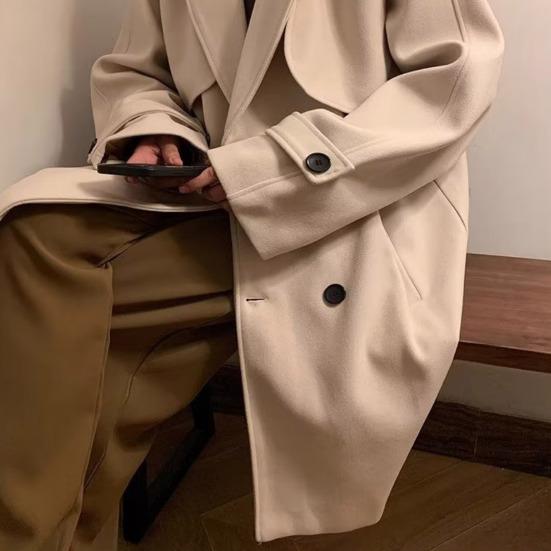 Men Windbreaker Lapel Long Sleeve Double-Breasted Casual Coat Autumn Winter Mid-length Outwear Solid Color Loose Fit Woolen Coat with Pockets