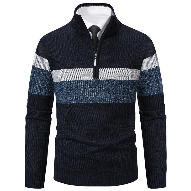 Men s Quarter Zip Stand Collar Sweater Color Block Striped Knit Pullover M темно-синий