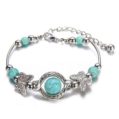 Vintage Trendy Butterfly Beaded Turquoise Hand Chain Bracelet For Women Carved Pattern Personality Adjustable Bracelet Jewelry Gifts