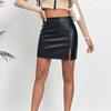 Women's High Waist PU Leather Skirt A Line Mini Skirt Solid Crocodile Pattern Slit Zipper Bodycon Skirt