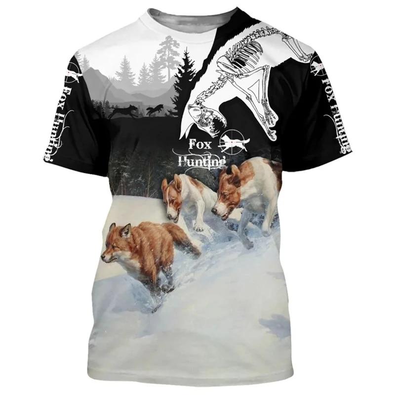 Herren T-Shirt mit 3D-Druck und Fuchs-Muster, Sommer, O-Ausschnitt, kurzärmelig, T-Shirts für Männer, lässig, übergroß, Jäger, Herrenbekleidung, Tops 4XL