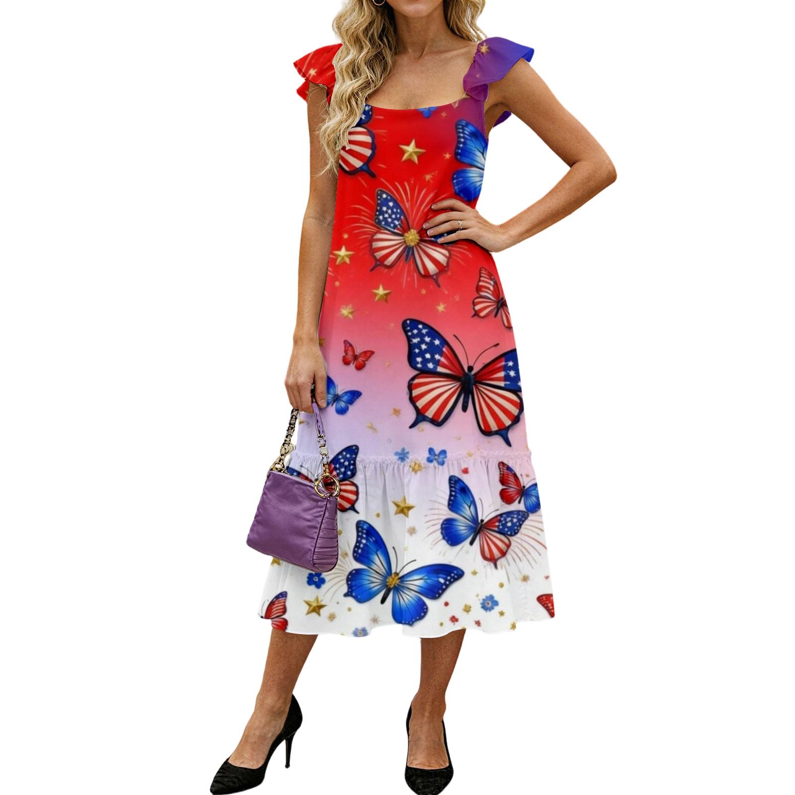 Women s Fashion Loose Mid-length Ruffled Flying Sleeve Independence Day Printed Dress L
