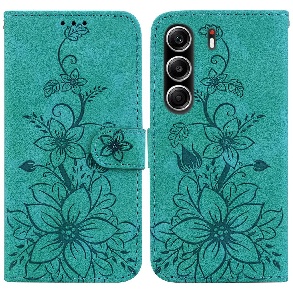 For TECNO Camon 40 Pro 5G/4G Stand Case Lily Flower Imprint Leather Phone Cover with Wrist Strap