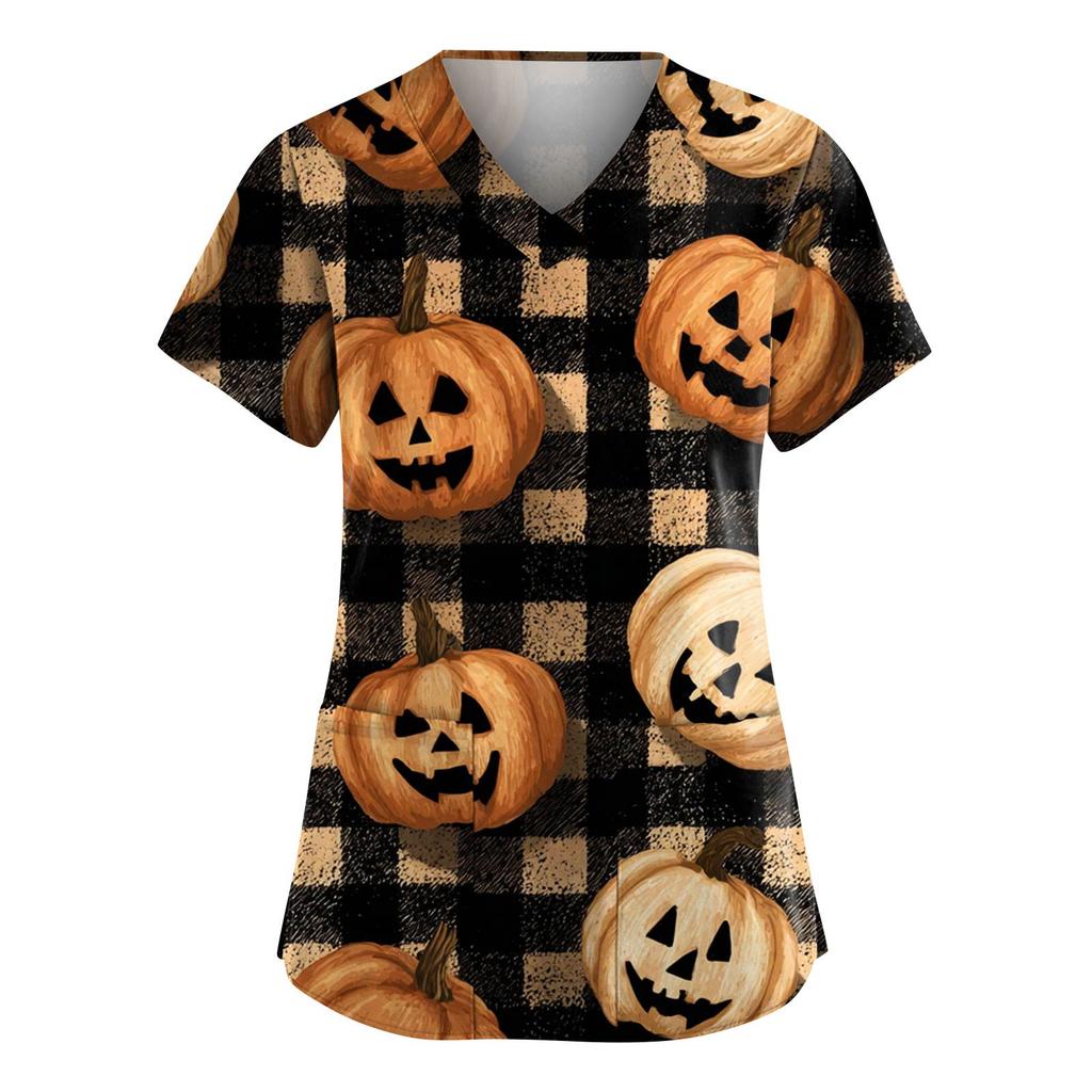 Damenmode V-Ausschnitt Kurzarm Overalls mit Taschen Halloween Bedruckte Oberteile Bekleidung