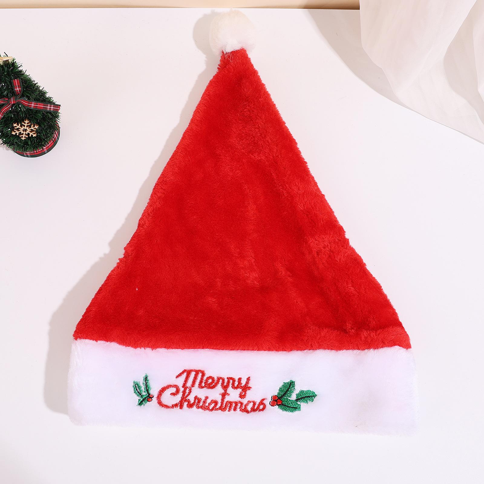 

Red Silk Christmas Hat with Santa Claus Letter Embroidery and Snowflake Plush