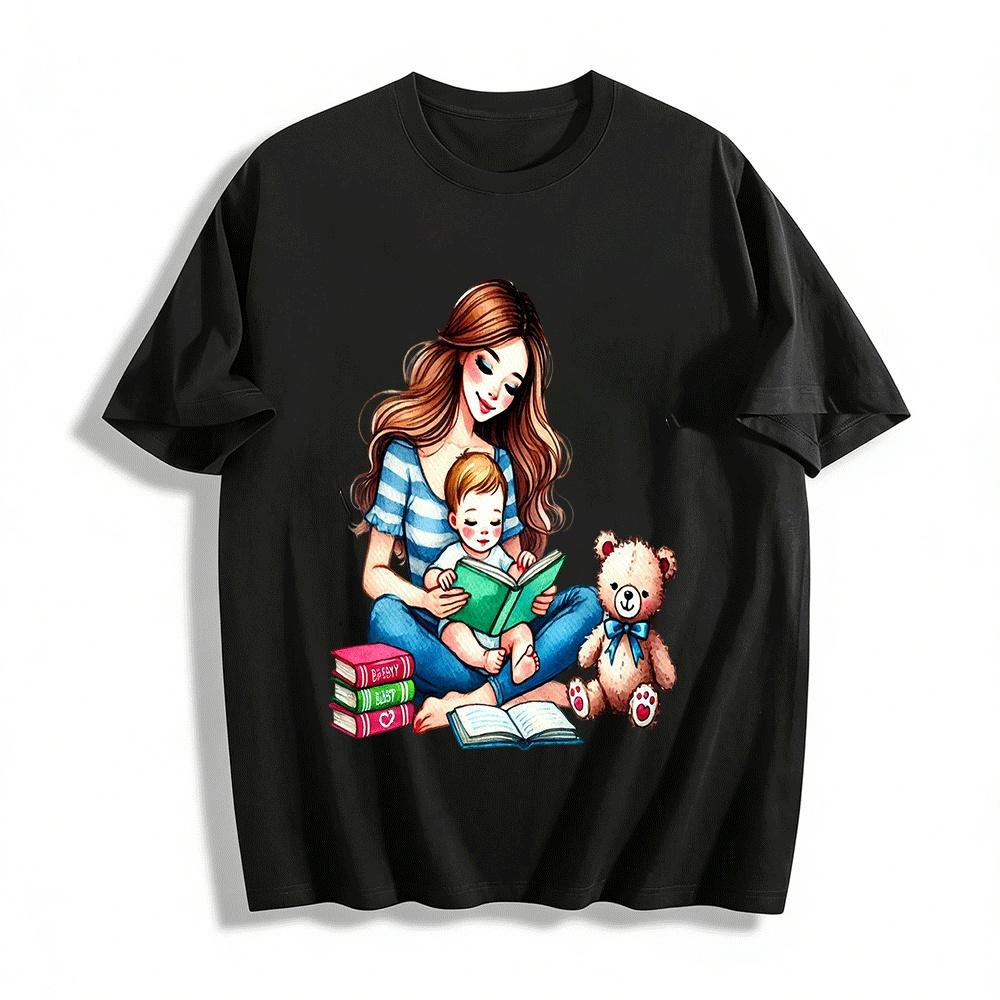 Mom And Baby Reading Time Print Casual Parent-child Top Pure cotton T-shirt XXS