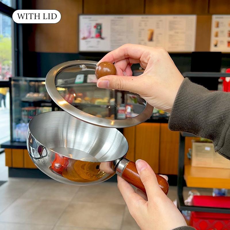 Stainless Steel Milk Pot With Wooden Handle, Compact Cooking Pot, Suitable For Frying Eggs And Heating Milk. Made Of Stainless S