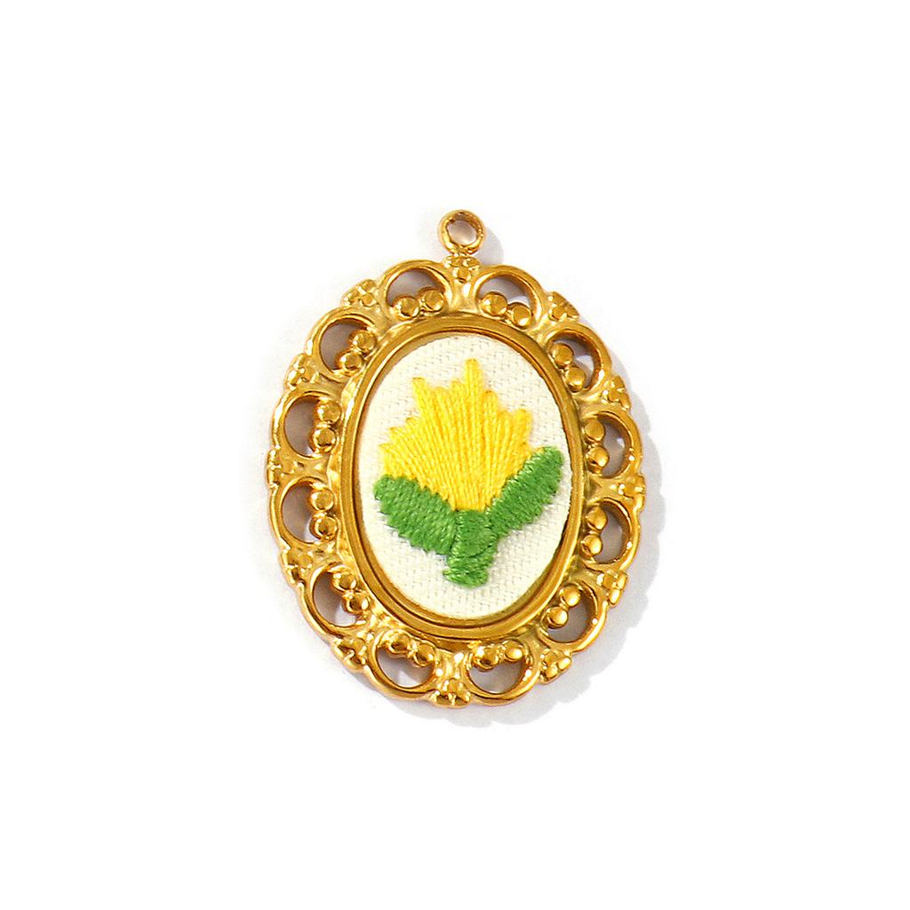 2 Pcs Oval Flower Leaf Embroidered Charms Multicolor 304 Stainless Steel Charms 18K Gold Plated Pendants For DIY Necklace Making