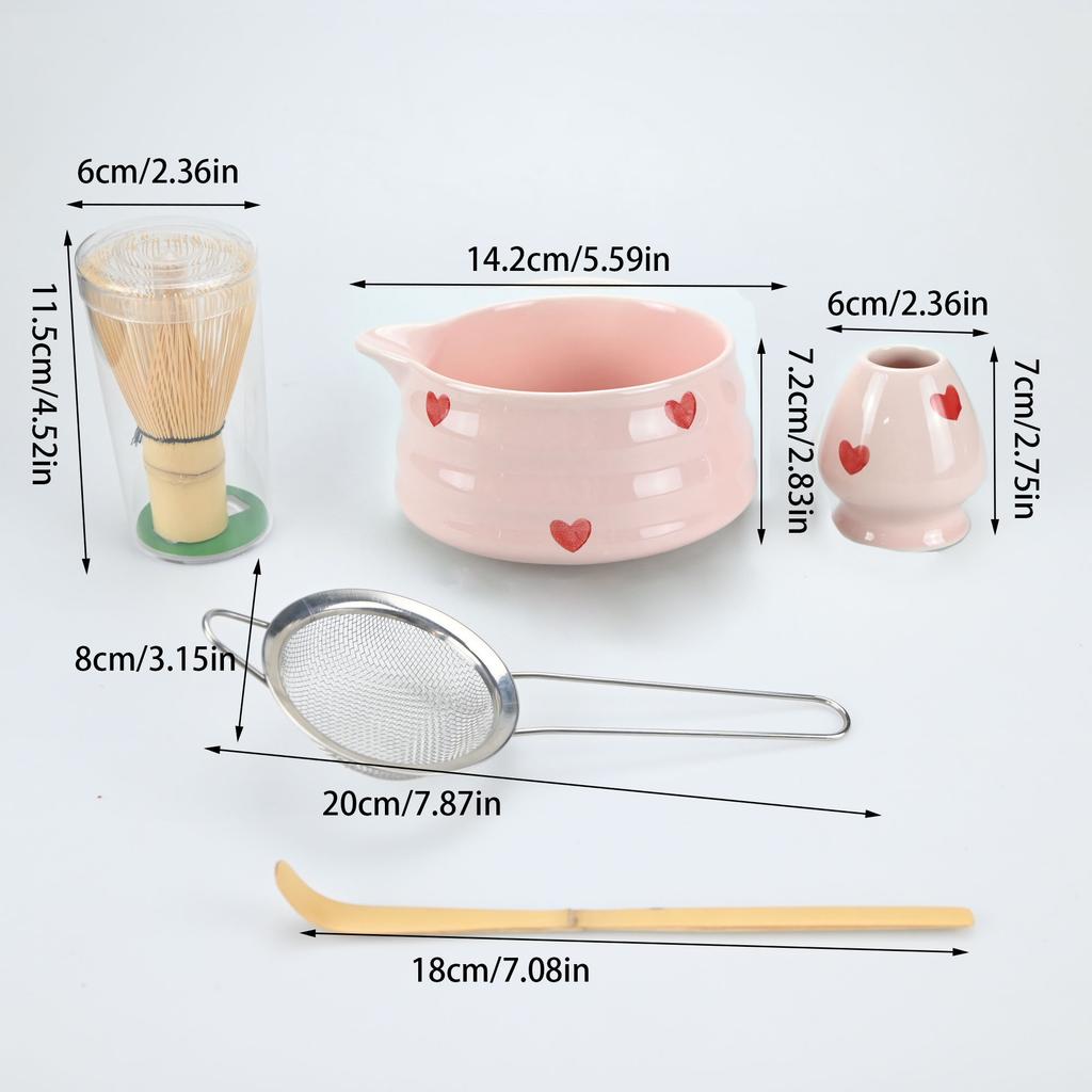 Matcha Whisk Set with Pink Heart Design, Matcha Set Includes Matcha Bowl, Matcha Whisk and Whisk Holder, Scoop, Sifter, Perfect