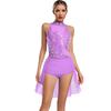 Body da ballo latino Chacha da donna S-XXL: Body Leotard Monopezzo Senza Maniche con Strass Scintillanti, Schiena Svuotata, Gonna Irregolare, per Ginnastica