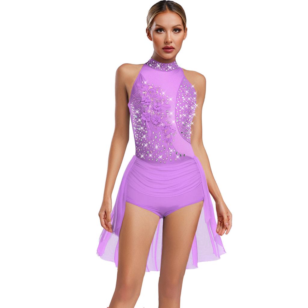 Body da ballo latino Chacha da donna S-XXL: Body Leotard Monopezzo Senza Maniche con Strass Scintillanti, Schiena Svuotata, Gonna Irregolare, per Ginnastica