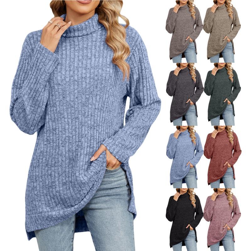 Women S High Neck Loose Long Sleeve Split T Shirt Top