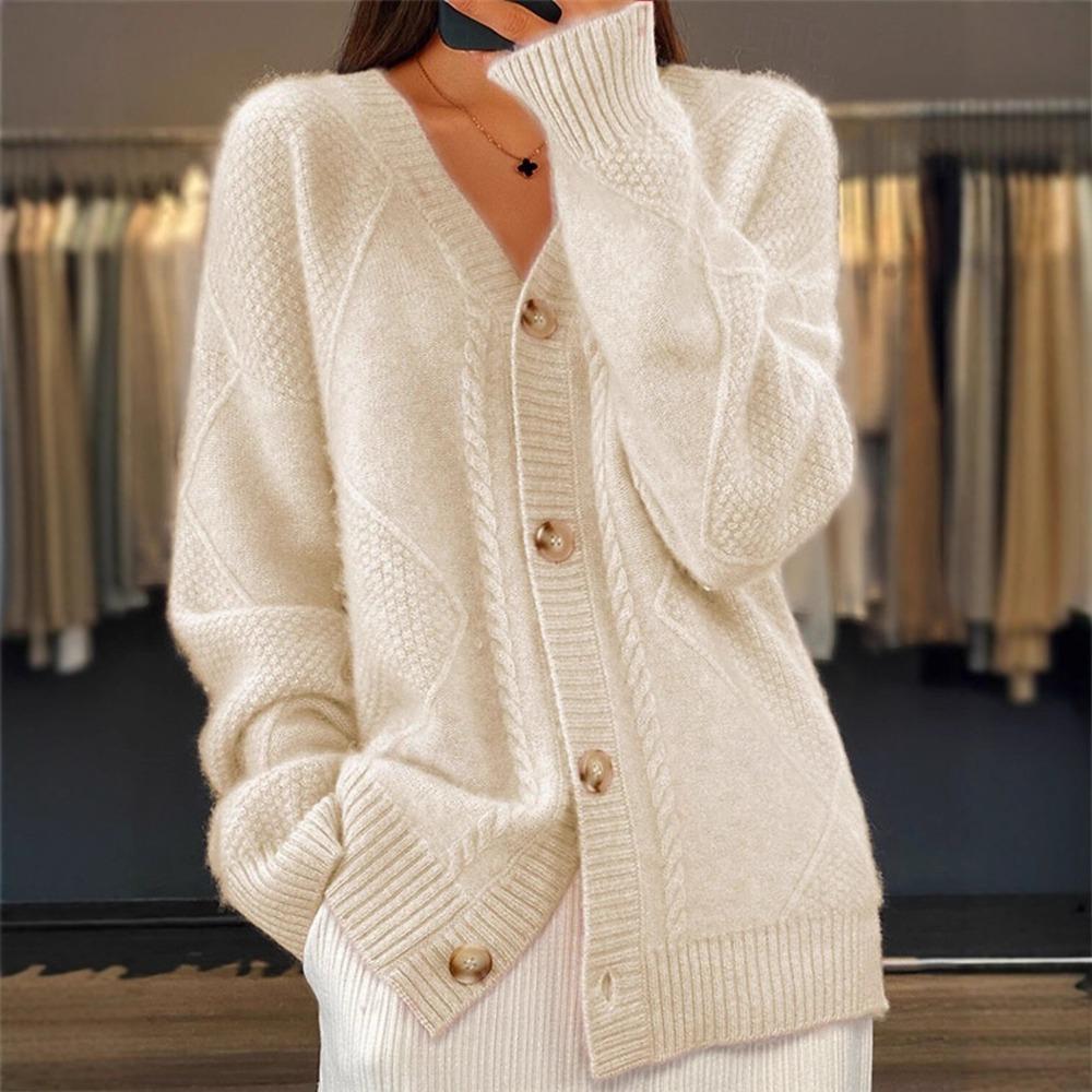 Cardigan da Donna con Scollo a V e Maniche Lunghe, Vestibilità Regolare, Colore Unito, Lavorazione a Treccia, Bottoni, Maglione Cappotto, Outfit Casual Quotidiano