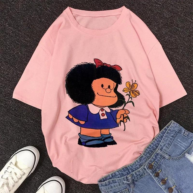 Mafalda Kawaii Graphic Print T-shirt Women Harajuku Aesthetic Pink Tops Y2k Casual Tshirt 2026 Newest Summer Fashion Female T Shirt