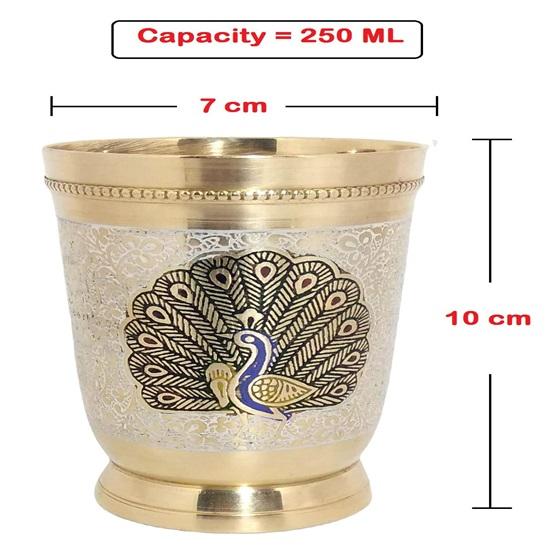 Set of 4 Pieces Brass Glass Peacock Design for Serving, Drinking Water Drinkware, Volume 250 ML