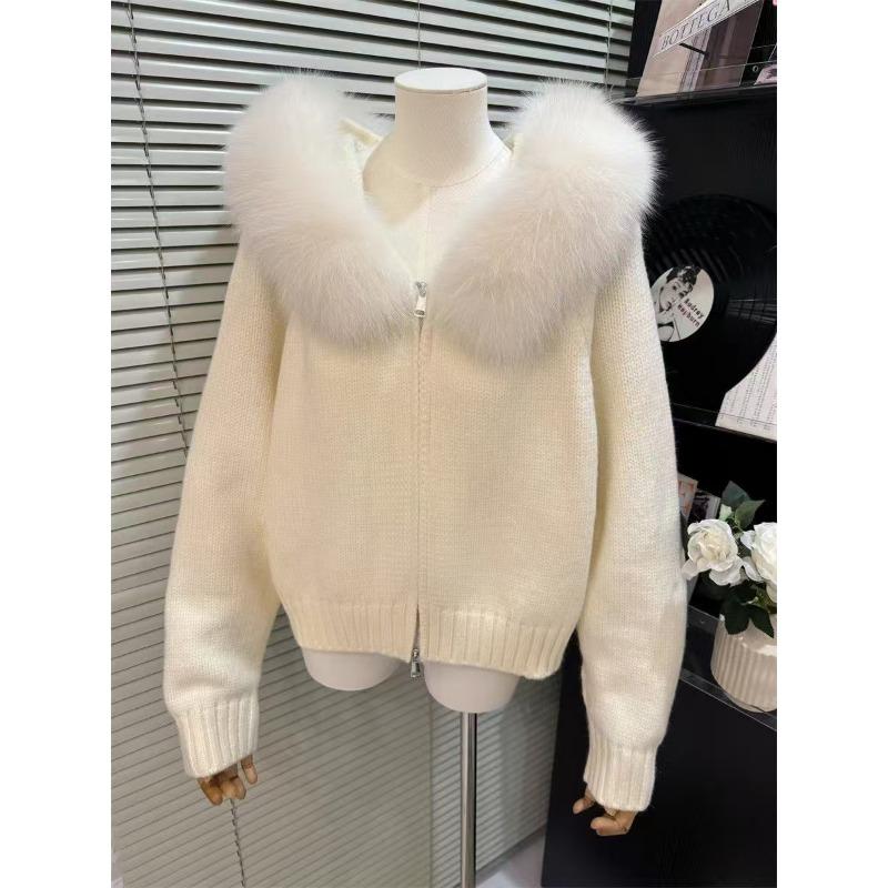 Premium Women's Clothing Hooded Knitted Top Cardigan Jacket Winter New Long-sleeved White Sweater Women