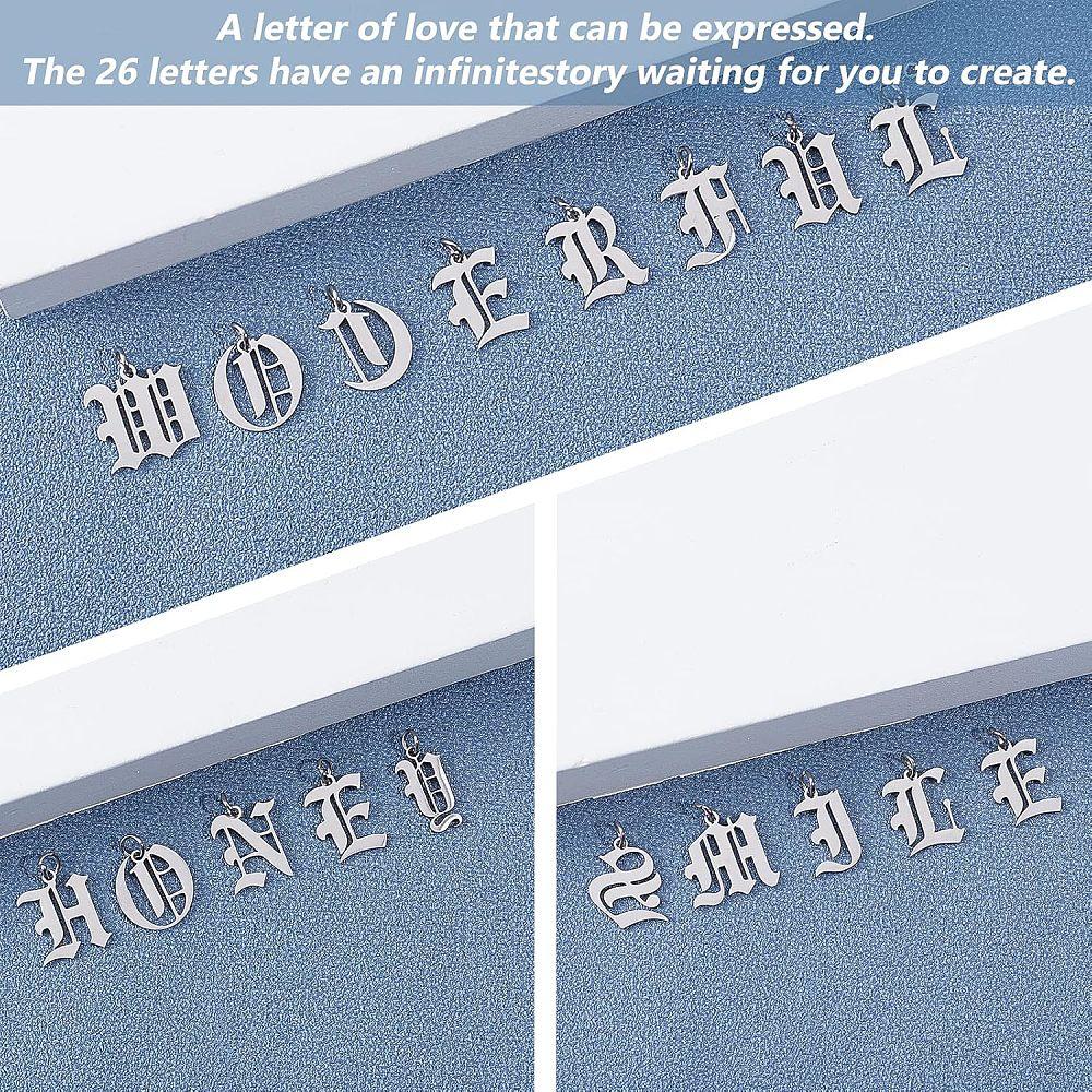 201 Stainless Steel Pendants with Jump Ring Old English Alphabet Laser Cut Letter A~Z 26pcs/box