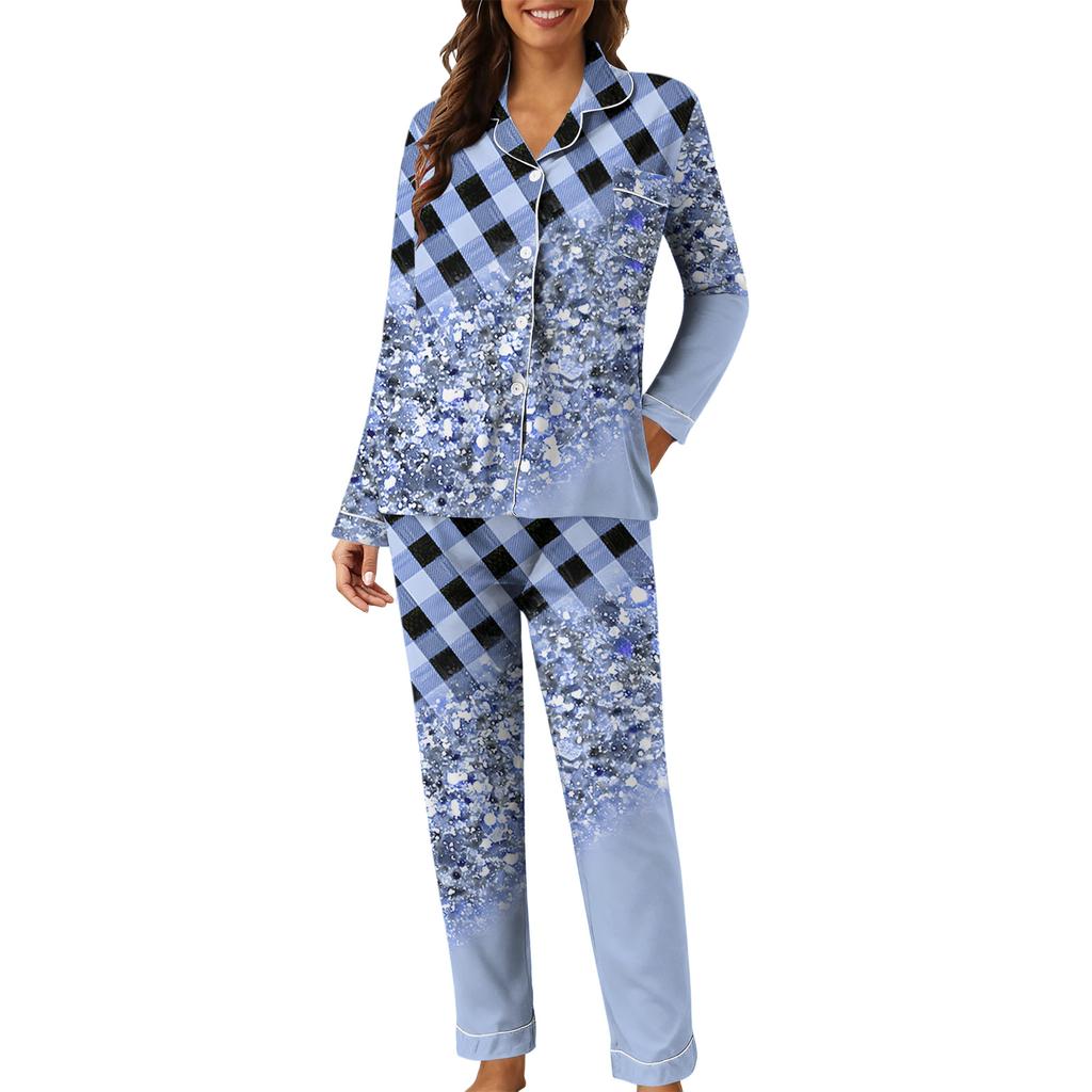 Damen Casual Mode Karomuster Patchwork Druck Langarm Hose Loungewear Set