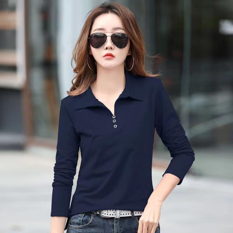 Women's Bottoming Shirt Spring and Summer New Solid Color Large Size Long-sleeved POLO Collar Slim Slimming Simple Outer Wear T-shirt