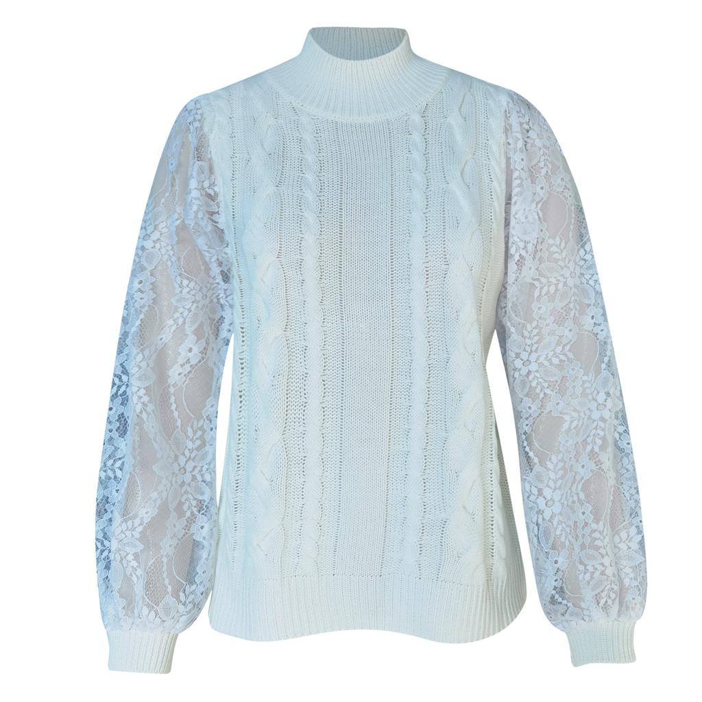 Women  Loose Casual Solid Stitching Long-Sleeved Knitted Lace Sweater