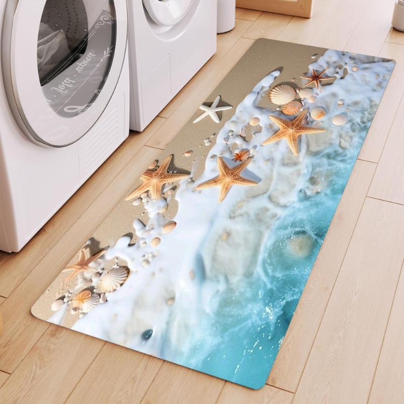 Ocean Beach Scene Runner Rug Sand Ocean Wave Starfish Shells Coral Print Carpet Soft Non-Slip Floor Mat for Hallway Entryway