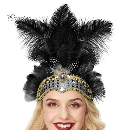

Повязка на голову с перьями и стразами, эластичный карнавальный головной убор для женщин, легкий праздничный головной убор чёрный