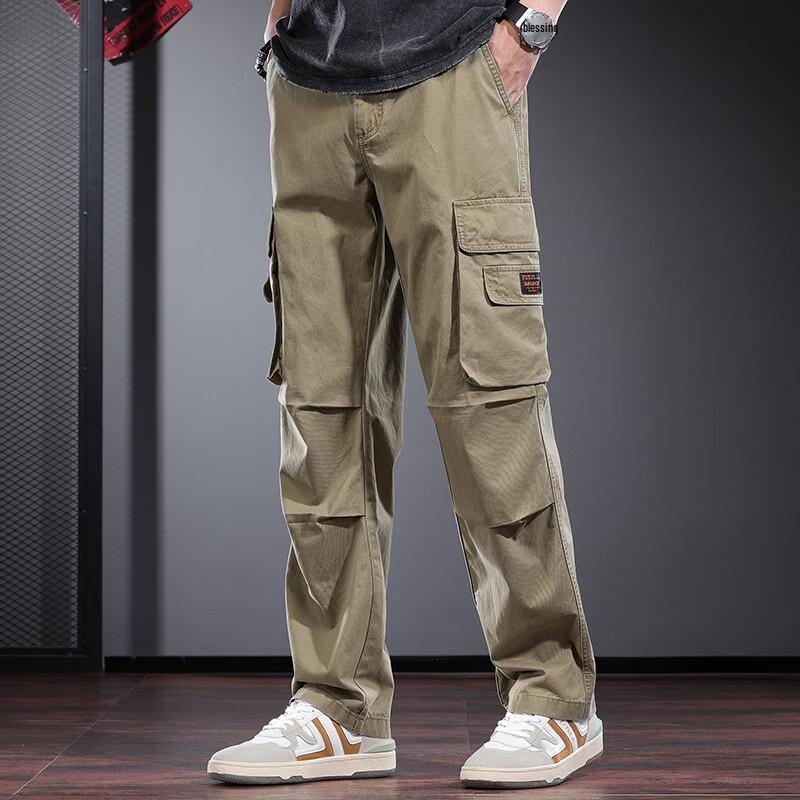 JIELEINUO Men's Loose Straight Workwear Cargo Pants