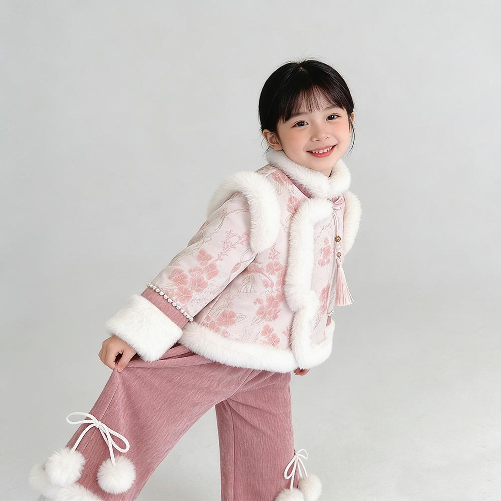 Zimowy dwuczęściowy zestaw dla dziewczynek w chińskim stylu z obszyciem ze sztucznego futra: Aksamitny Top i Spodnie