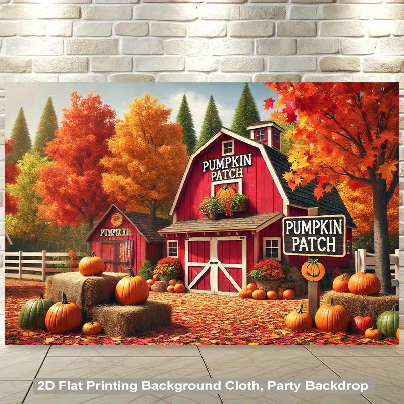1 piece of 2D background fabric, a polyester fabric background depicting a red farmhouse and pumpkin scene.zyc