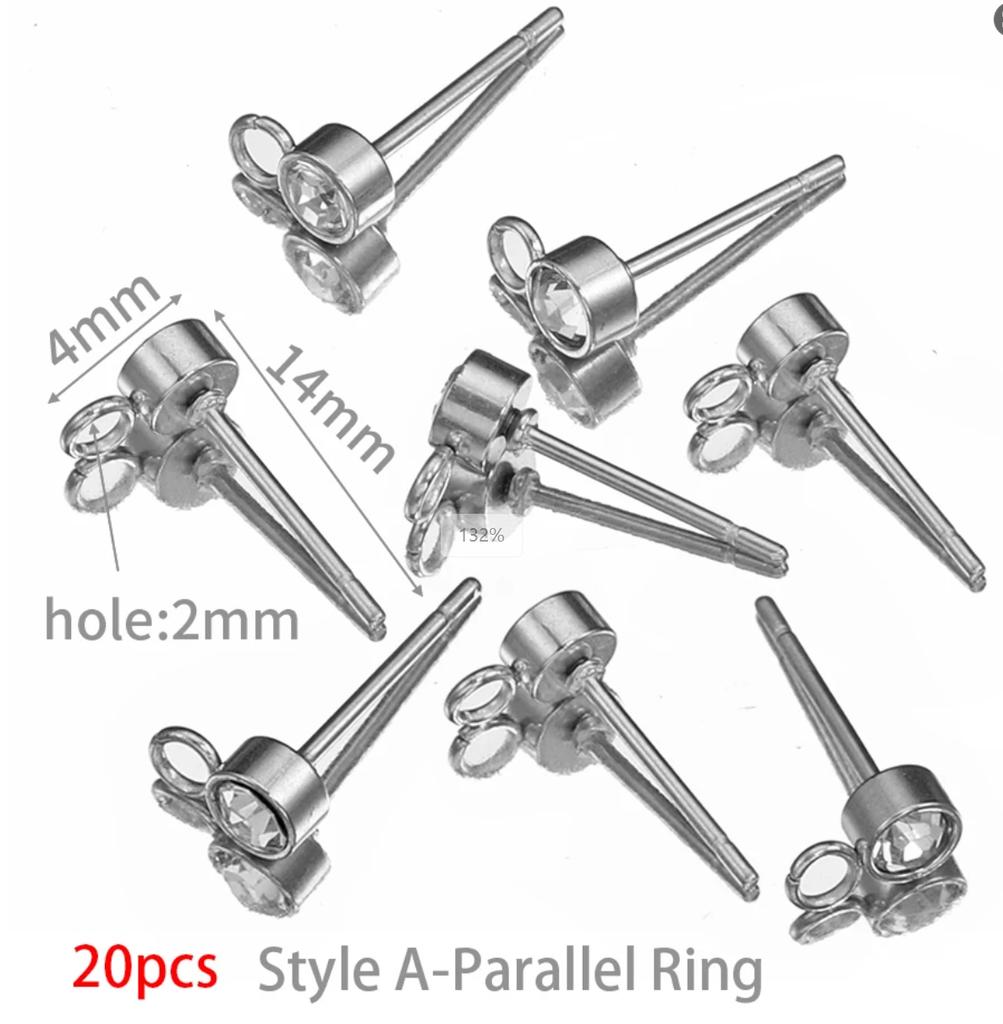 100pcs/20pcs 4mm Stainless Steel Ear Studs Rhinestone Earring Posts with Loop Rings for Earrings Jewelry Making DIY Wholesale