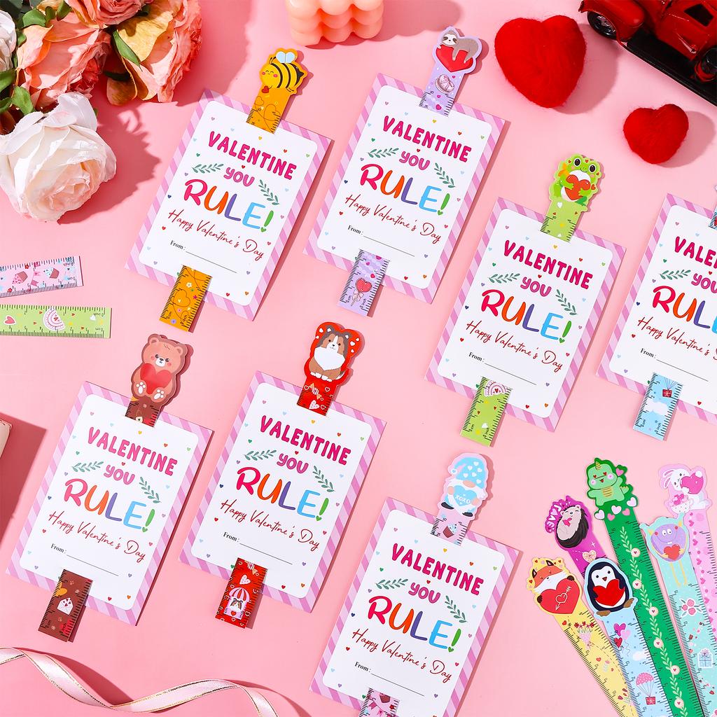 48 Pieces Valentine'S Day Gifts Rulers And Cards Bulk 12 Styles Colorful Valentine Accessories For Party Favors Supplies Classro